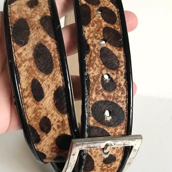 Vtg Calvin Klein Brown Black Leather Belt Womens Size M Cow Fur Spots Cowgirl - Picture 10 of 16